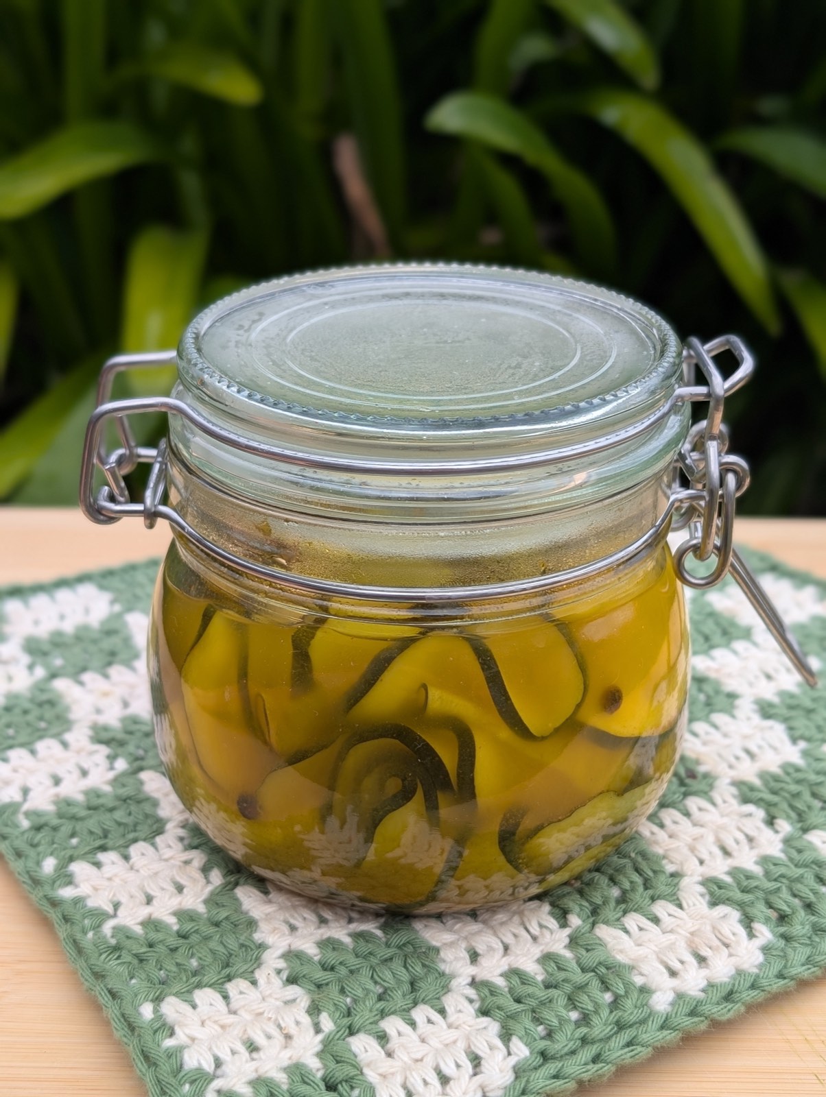 A jar of pickled zucchini ribbons