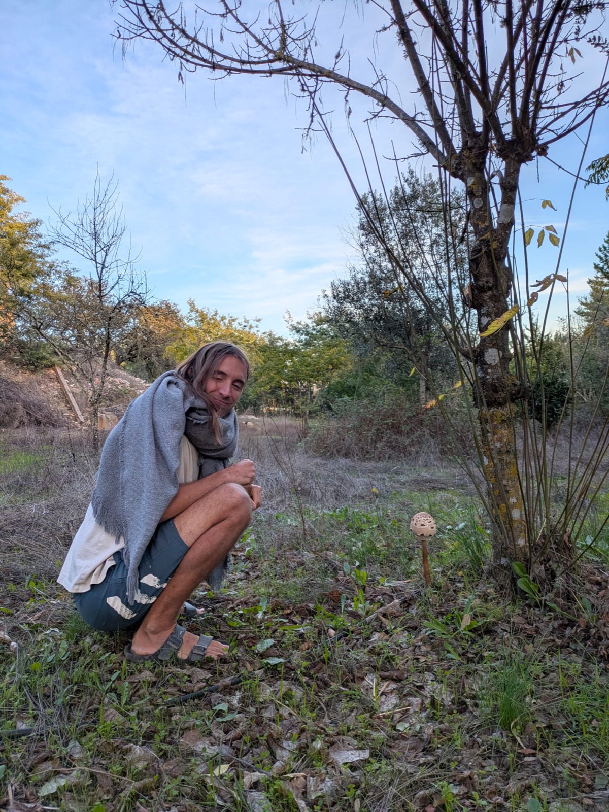 Crouched beside a wild mushroom found while foraging at dusk